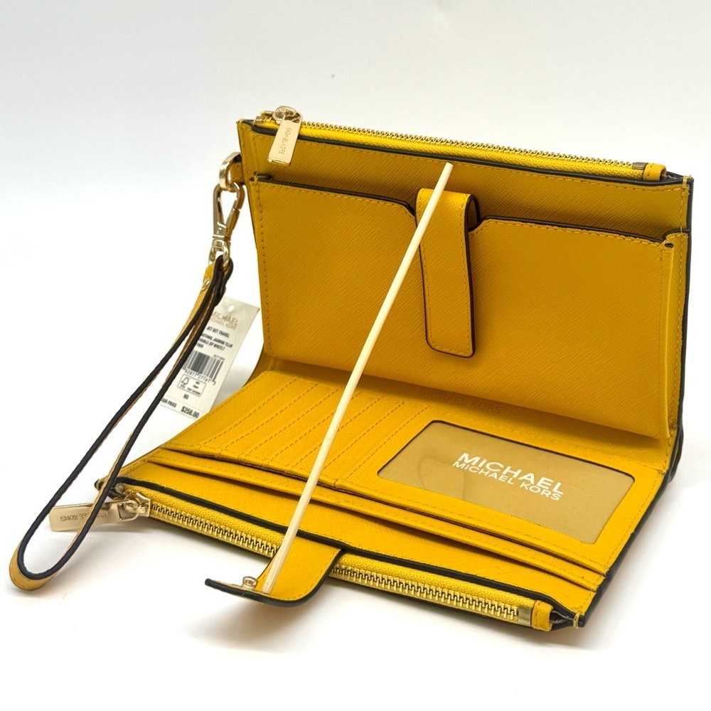 Michael Kors Large Jet Set Travel Double Zip Wallet Wristlet Jasmine Yellow - Picture 8 of 9